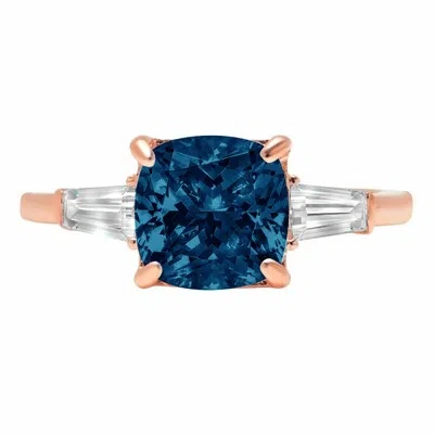 Pre-owned Pucci 3.50 Cushion 3 Stone London Blue Topaz Promise Bridal Wedding Ring 14k Rose Gold In D
