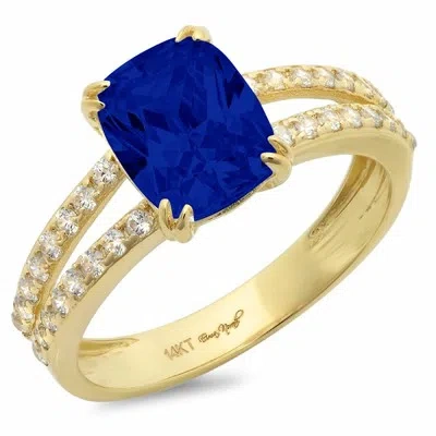 Pre-owned Pucci 3.50 Cushion Simulated Blue Sapphire Classic Bridal Ring Solid 14k Yellow Gold