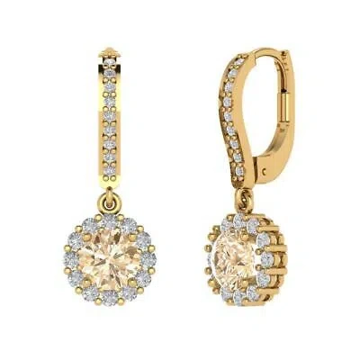 Pre-owned Pucci 3.55 Round Cut Halo Classic Drop Dangle Real Morganite Earrings 14k Yellow Gold