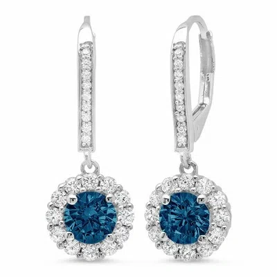 Pre-owned Pucci 2.2 Round Cut Halo Classic Drop Dangle Royal Blue Topaz Earrings 14k White Gold