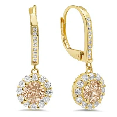 Pre-owned Pucci 3.55 Round Halo Simulated Champagne Diamond Drop Dangle Earrings 14k Yellow Gold