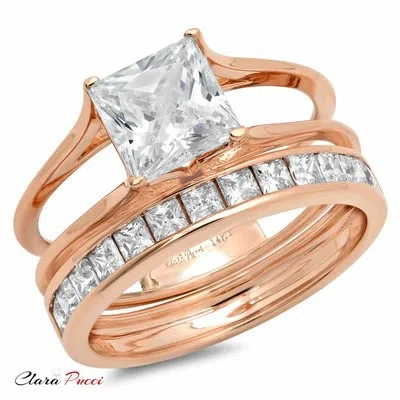 Pre-owned Pucci 3.55ct Princess Cut Solitaire Halo Engagement Ring Band Set Solid 14k Rose Gold In White/colorless