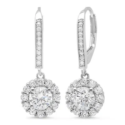 Pre-owned Pucci 3.55ct Round Cut Halo Lab Created Moissanite Drop Earrings 14k White Gold