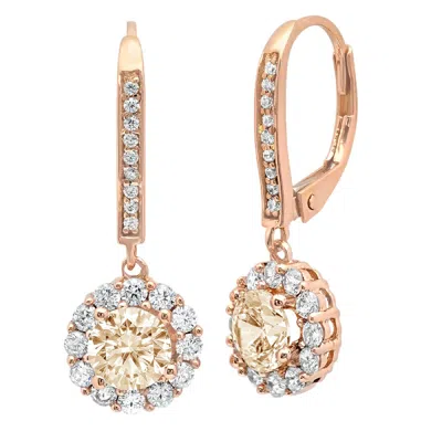 Pre-owned Pucci 3.55ct Round Cut Halo Natural Morganite Drop Dangle Earrings Real 14k Rose Gold