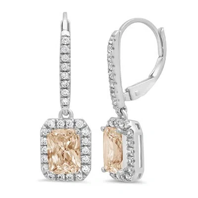Pre-owned Pucci 3.57 Emerald Round Halo Simulated Champagne Diamond Drop Earrings 14k White Gold
