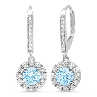 Pre-owned Pucci 3.5ct Round Cut Halo Natural Aquamarine Drop Dangle Earrings Real 14k White Gold