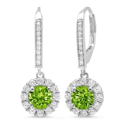 Pre-owned Pucci 3.5ct Round Cut Halo Natural Peridot Drop Dangle Earrings Solid 14k White Gold In Green
