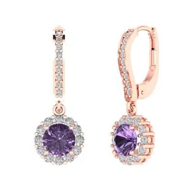 Pre-owned Pucci 3.5ct Round Halo Drop Dangle Simulated Alexandrite Earrings 14k Rose Pink Gold In Purple
