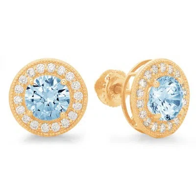 Pre-owned Pucci 3.6 Ct Round Halo Natural Aquamarine Designer Stud Earrings Real 14k Yellow Gold