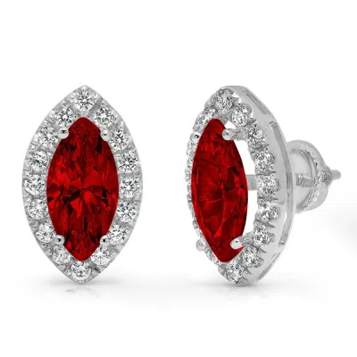 Pre-owned Pucci 3.6 Marquise Round Cut Halo Natural Red Garnet Stud Earrings Real 14k White Gold