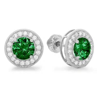 Pre-owned Pucci 1.2 Round Cut Halo Green Simulated Emerald Designer Stud Earrings 14k White Gold