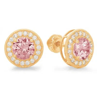 Pre-owned Pucci 1.2 Round Cut Halo Pink Simulated Diamond Designer Stud Earrings 14k Yellow Gold