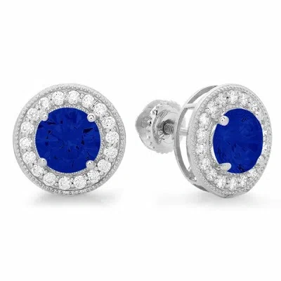 Pre-owned Pucci 1.2 Round Cut Halo Simulated Blue Sapphire Designer Stud Earrings 14k White Gold