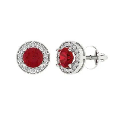 Pre-owned Pucci 3.6 Round Halo Classic Designer Stud Simulated Ruby Earrings 14k White Gold