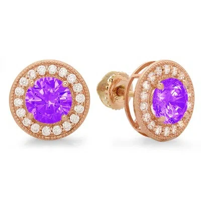 Pre-owned Pucci 1.18ct Round Cut Halo Natural Amethyst Designer Stud Earrings Real 14k Rose Gold In Purple