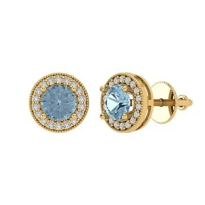 Pre-owned Pucci 3.60 Round Halo Classic Designer Stud Real Aquamarine Earrings 14k Yellow Gold
