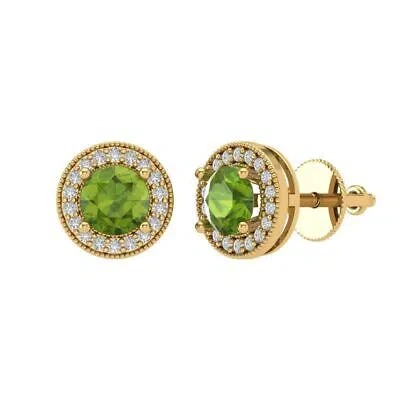 Pre-owned Pucci 3.60 Round Halo Classic Designer Stud Real Peridot Earrings 14k Yellow Gold