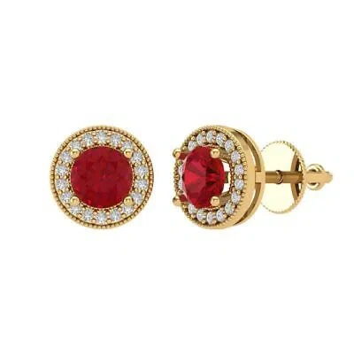 Pre-owned Pucci 3.60 Round Halo Classic Designer Stud Simulated Ruby Earrings 14k Yellow Gold
