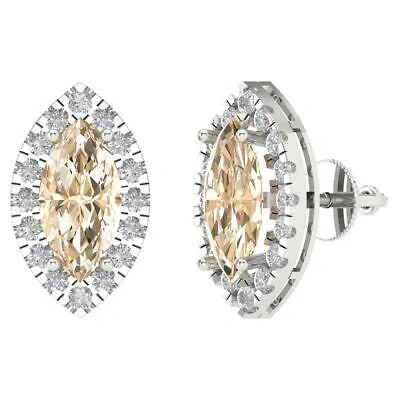 Pre-owned Pucci 3.64ct Mq Round Cut Halo Classic Stud Natural Morganite Earrings 14k White Gold