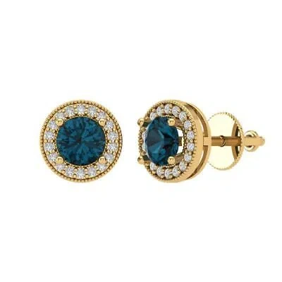 Pre-owned Pucci 3.6ct Round Halo Classic Designer Stud Royal Blue Topaz Earrings 14k Yellow Gold