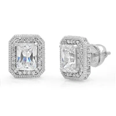 Pre-owned Pucci 3.78ct Simulated Diamond Emerald Halo Stud Solitaire Earrings 14k White Gold