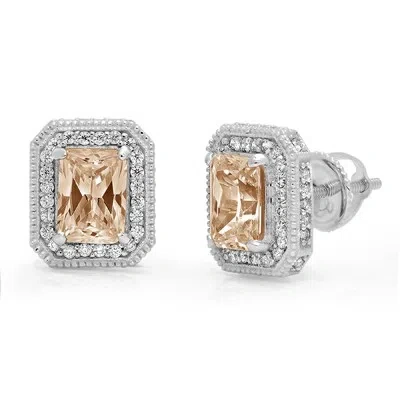 Pre-owned Pucci 3.98 Emerald Round Halo Simulated Champagne Diamond Stud Earrings 14k White Gold