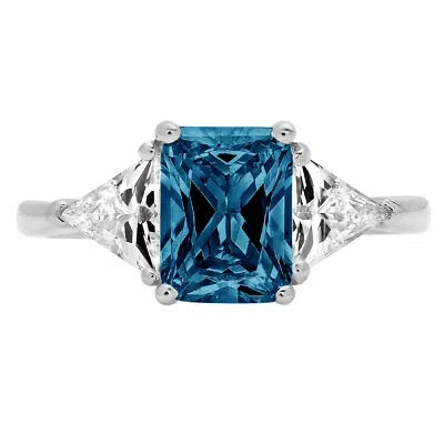 Pre-owned Pucci 2.8 Emerald Trillion 3stone Royal Blue Topaz Promise Wedding Ring 14k White Gold In D