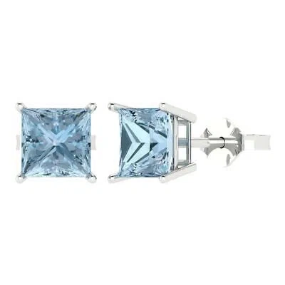 Pre-owned Pucci 3ct Princess Cut Solitaire Classic Aquamarine Earrings 14k White Gold Push Back