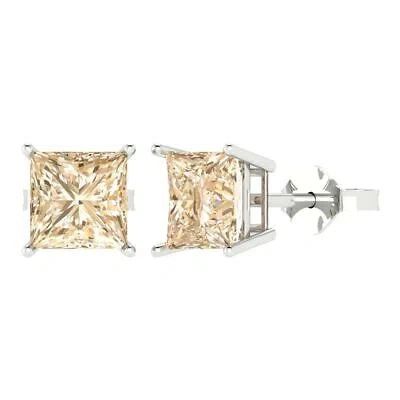 Pre-owned Pucci 3ct Princess Cut Solitaire Classic Morganite Earrings 14k White Gold Push Back