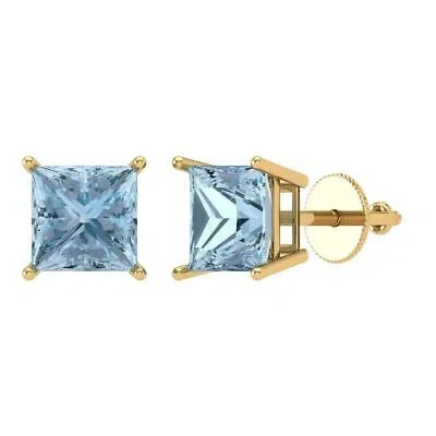 Pre-owned Pucci 3ct Princess Cut Solitaire Classic Stud Real Aquamarine Earrings 14k Yellow Gold