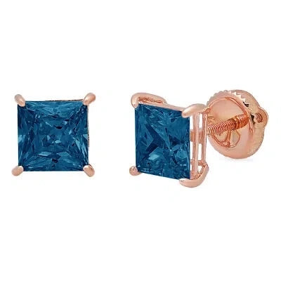 Pre-owned Pucci 3ct Princess Cut Solitaire Natural London Blue Topaz Stud Earrings 14k Rose Gold In D