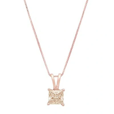 Pre-owned Pucci 3ct Princess Vvs1 Champagne Simulated Pendant Necklace 16" Chain 14k Rose Gold In Pink