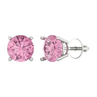 Pre-owned Pucci 3ct Round Cut Designer Studs Pink Stone Real 18k White Gold Earrings Screw Back