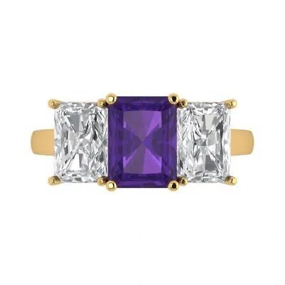 Pre-owned Pucci 4 Ct Emerald 3 Stone Real Amethyst Classic Bridal Statement Ring 14k Yellow Gold