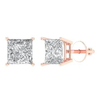 Pre-owned Pucci 4 Ct Princess Cut Classic Stud Earrings 14k Rose Gold Real Synthetic Moissanite In Pink