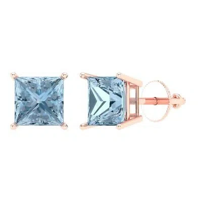 Pre-owned Pucci 4 Princess Solitaire Classic Stud Natural Aquamarine Earrings 14k Rose Pink Gold