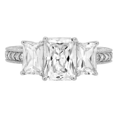 Pre-owned Pucci 4.26 Emerald Round 3 Stone Synthetic Moissanite Promise Ring 14k White Gold In White/colorless