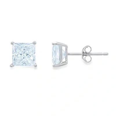 Pre-owned Pucci 4ct Princess Cut Natural Aquamarine Stud Earrings Real 14k White Gold Push Back In D