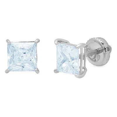 Pre-owned Pucci 4ct Princess Cut Solitaire Natural Aquamarine Stud Earrings Real 14k White Gold In D