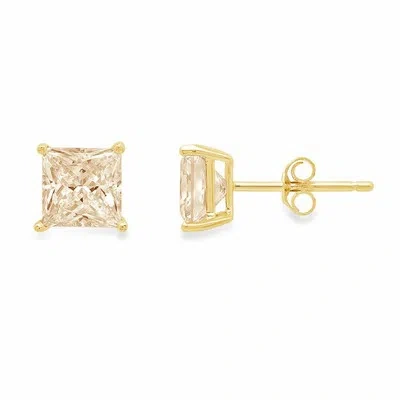 Pre-owned Pucci 4ct Princess Yellow Synthetic Moissanite Stud Earrings 14k Yellow Gold Push Back