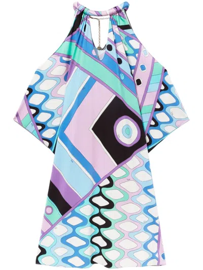 Pucci Vivara-print Cold-shoulder Dress In Blue