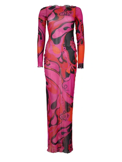 Pucci Abito Lungo Orchidee In Tulle In Pink
