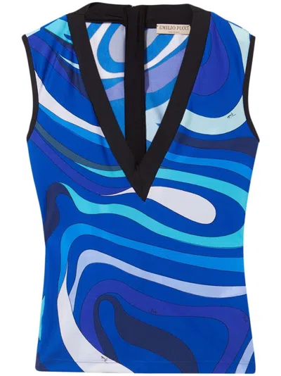 Pucci Abstract-print V-neck Vest In Blue