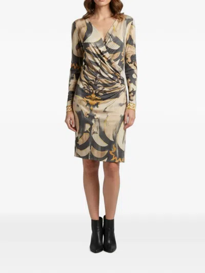 Pre-owned Pucci Abstract-print Silk Midi Dress In Neutral