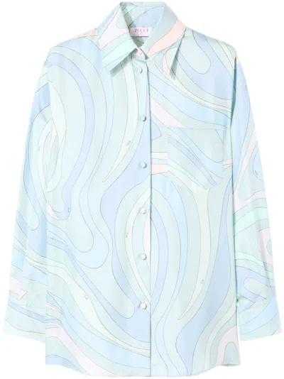 Pucci All-over Graphic Print Silk Twill Shirt In Blue