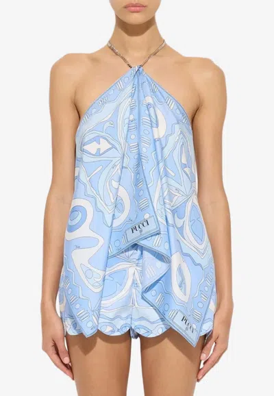 Pucci Angoli Print Asymmetric Chain Top In Blue