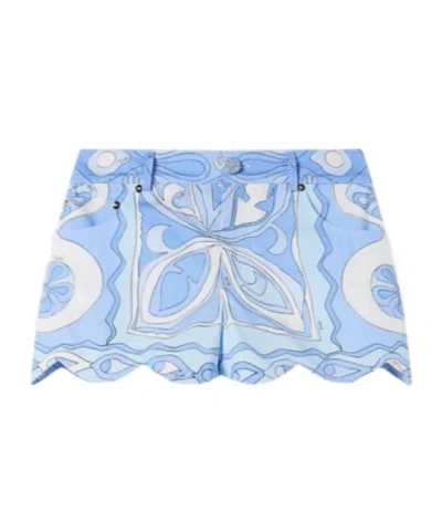 Pucci Angoli Print Scallop Trim Shorts In Blue