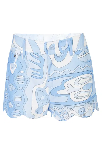 Pucci Angoli Print Scallop Trim Shorts Pale Blue