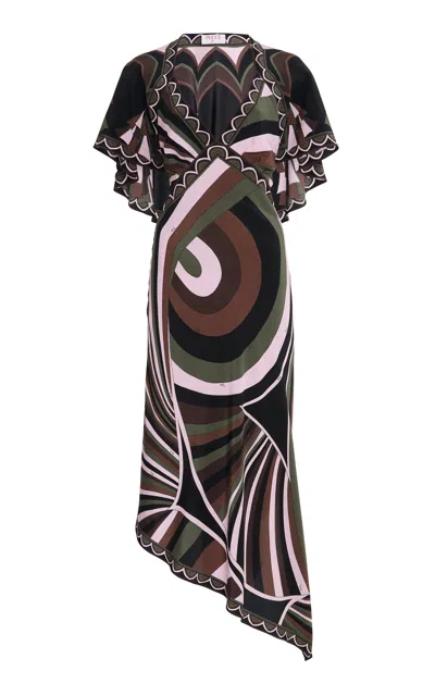 Pucci Asymmetric Silk Midi Dress In Multi