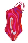 Pucci Asymmetrical Marble Print One-piece Swimsuit Corallo/fuxia In Red